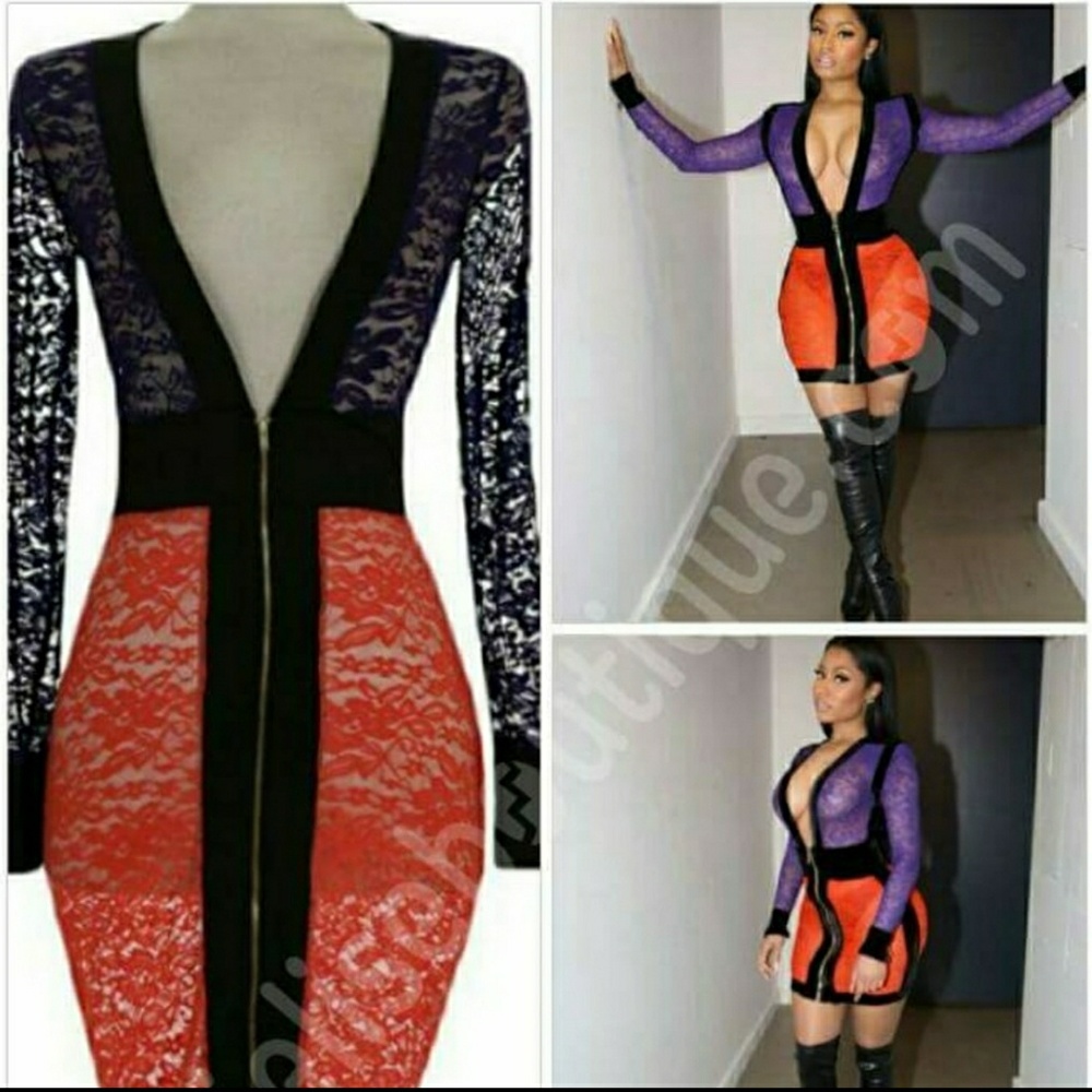 Long Sleeve Mesh Purple/Orange Color Block Dress - Picture 2 of 6